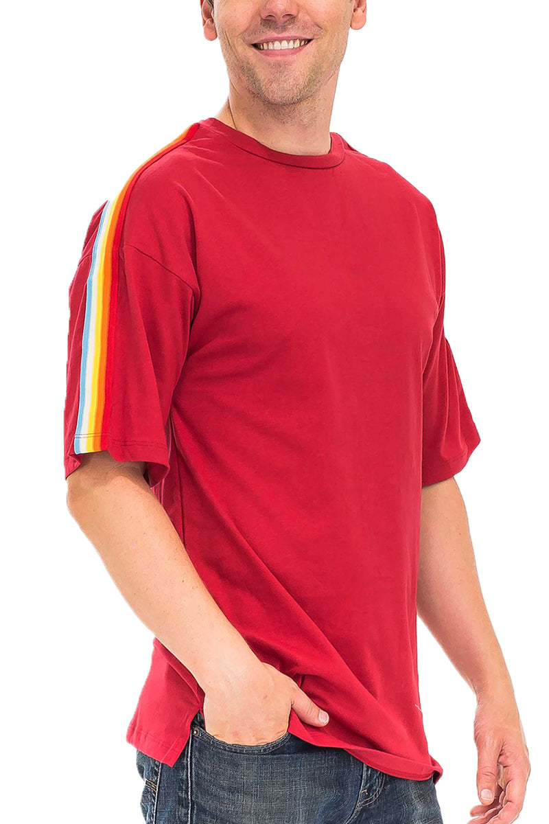 A stylish Rainbow Tape Tee featuring vibrant rainbow tape detailing, round neck design, and a regular fit, perfect for casual wear.