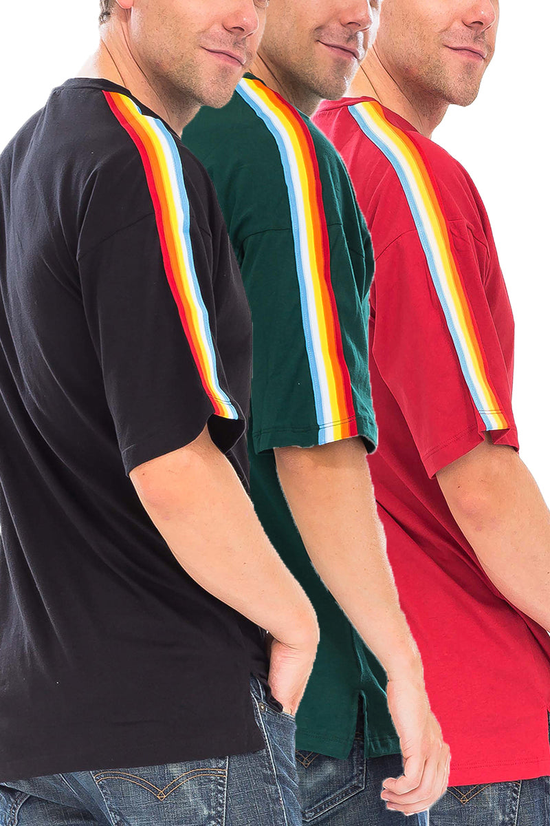 A stylish Rainbow Tape Tee featuring vibrant rainbow tape detailing, round neck design, and a regular fit, perfect for casual wear.