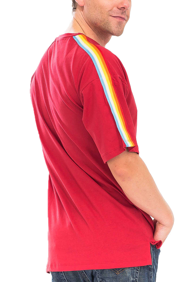 A stylish Rainbow Tape Tee featuring vibrant rainbow tape detailing, round neck design, and a regular fit, perfect for casual wear.