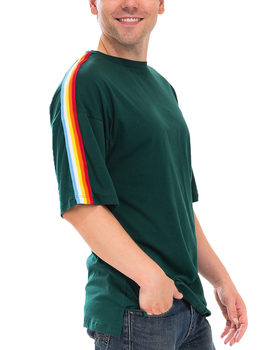 A stylish Rainbow Tape Tee featuring vibrant rainbow tape detailing, round neck design, and a regular fit, perfect for casual wear.