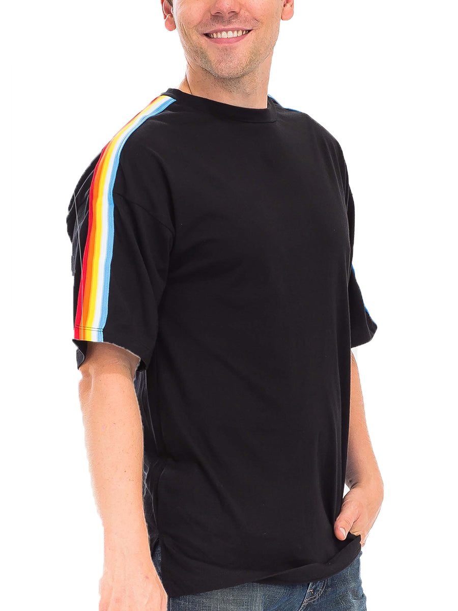 A stylish Rainbow Tape Tee featuring vibrant rainbow tape detailing, round neck design, and a regular fit, perfect for casual wear.