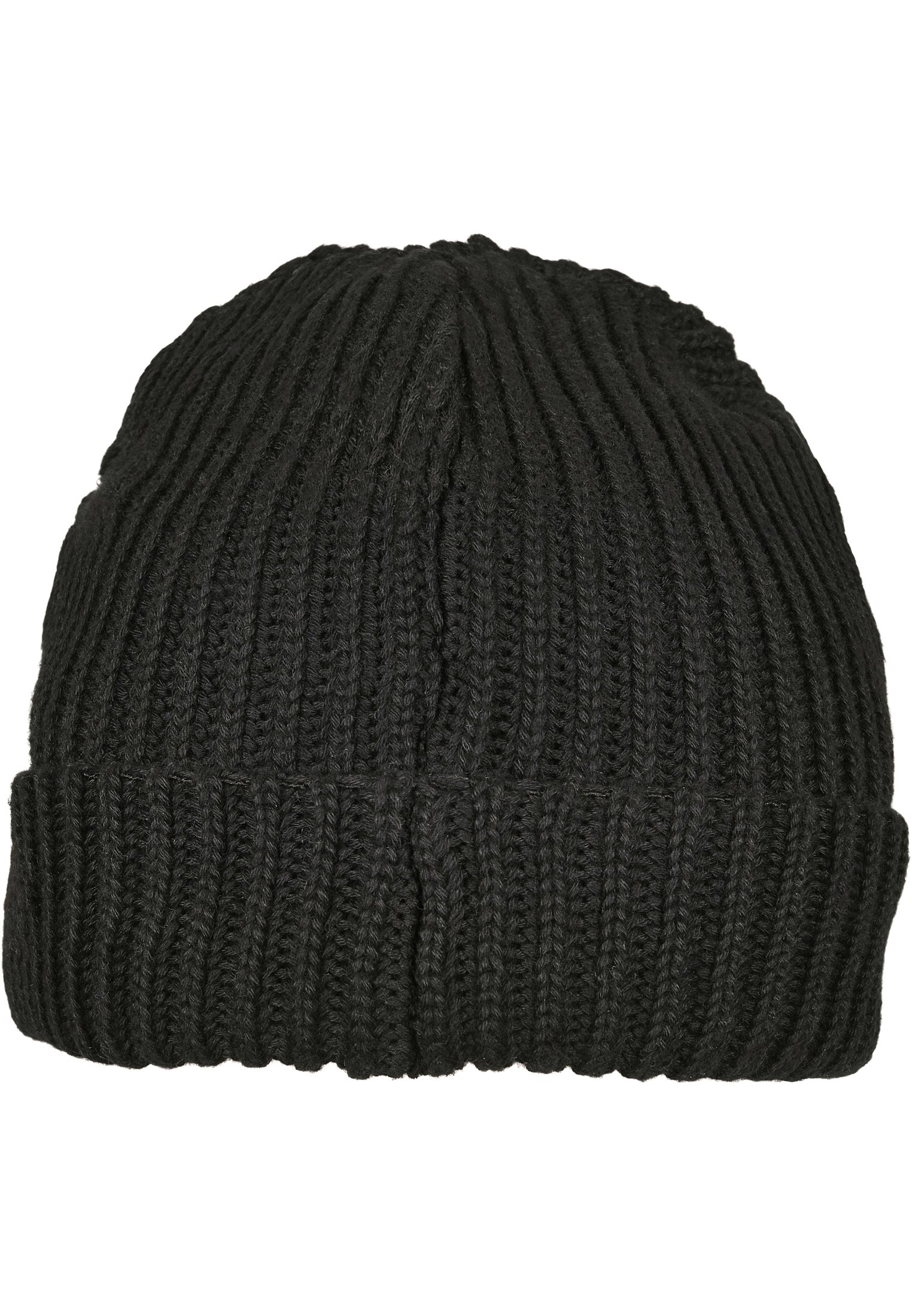 A stylish Recycled Yarn Fisherman Beanie in plain color, featuring a rib knit design and wide cuff, made from eco-friendly recycled polyester.