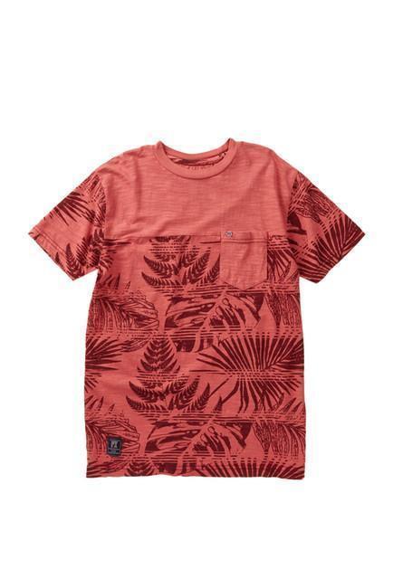 A vibrant red Hawaiian print pocket tee featuring tropical designs, perfect for casual summer outings.