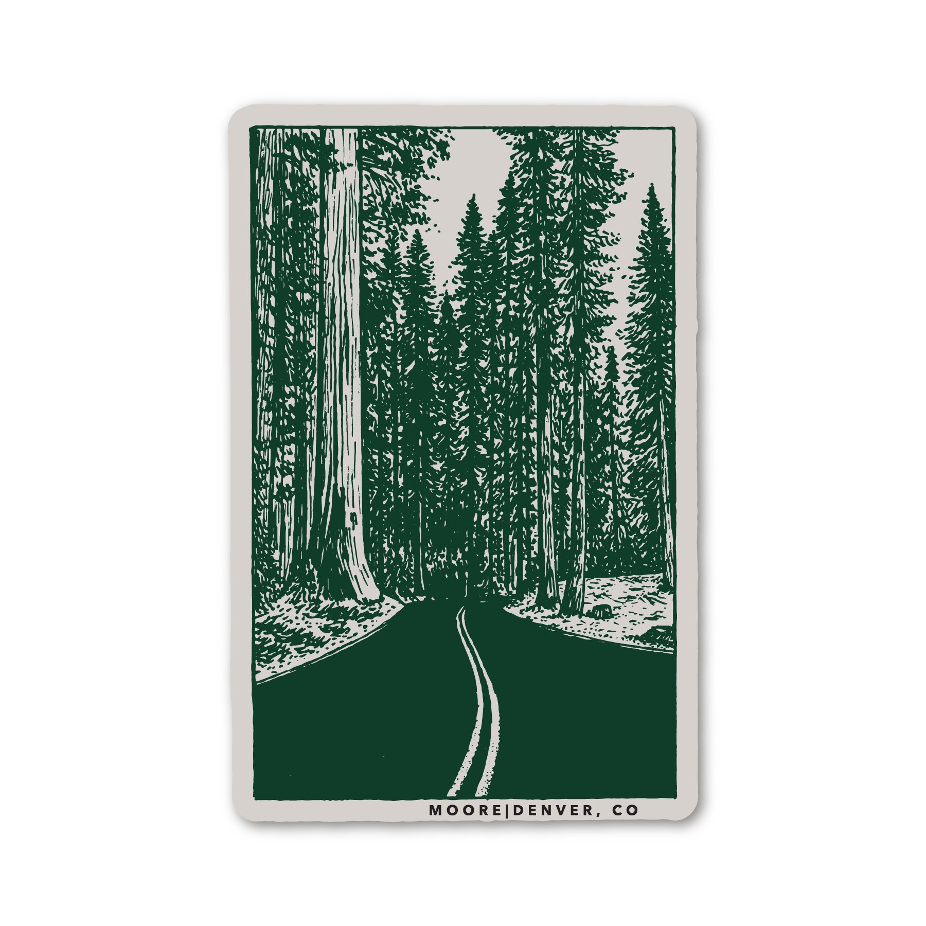 A waterproof vinyl sticker featuring a design inspired by the majestic redwood trees of California's Avenue of the Giants.