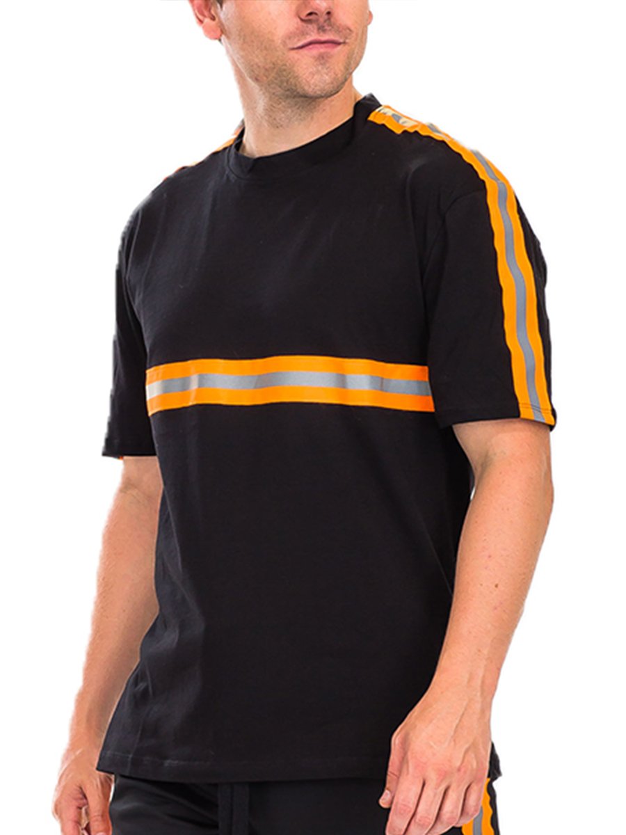 A stylish reflective tape t-shirt featuring reflective tape across the chest and shoulders, made from a comfortable polyester and spandex blend.