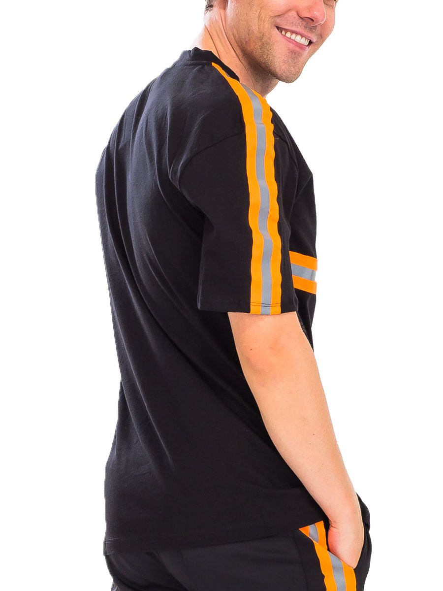 A stylish reflective tape t-shirt featuring reflective tape across the chest and shoulders, made from a comfortable polyester and spandex blend.