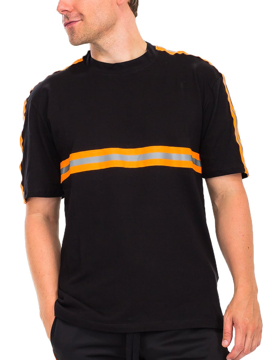 A stylish reflective tape t-shirt featuring reflective tape across the chest and shoulders, made from a comfortable polyester and spandex blend.