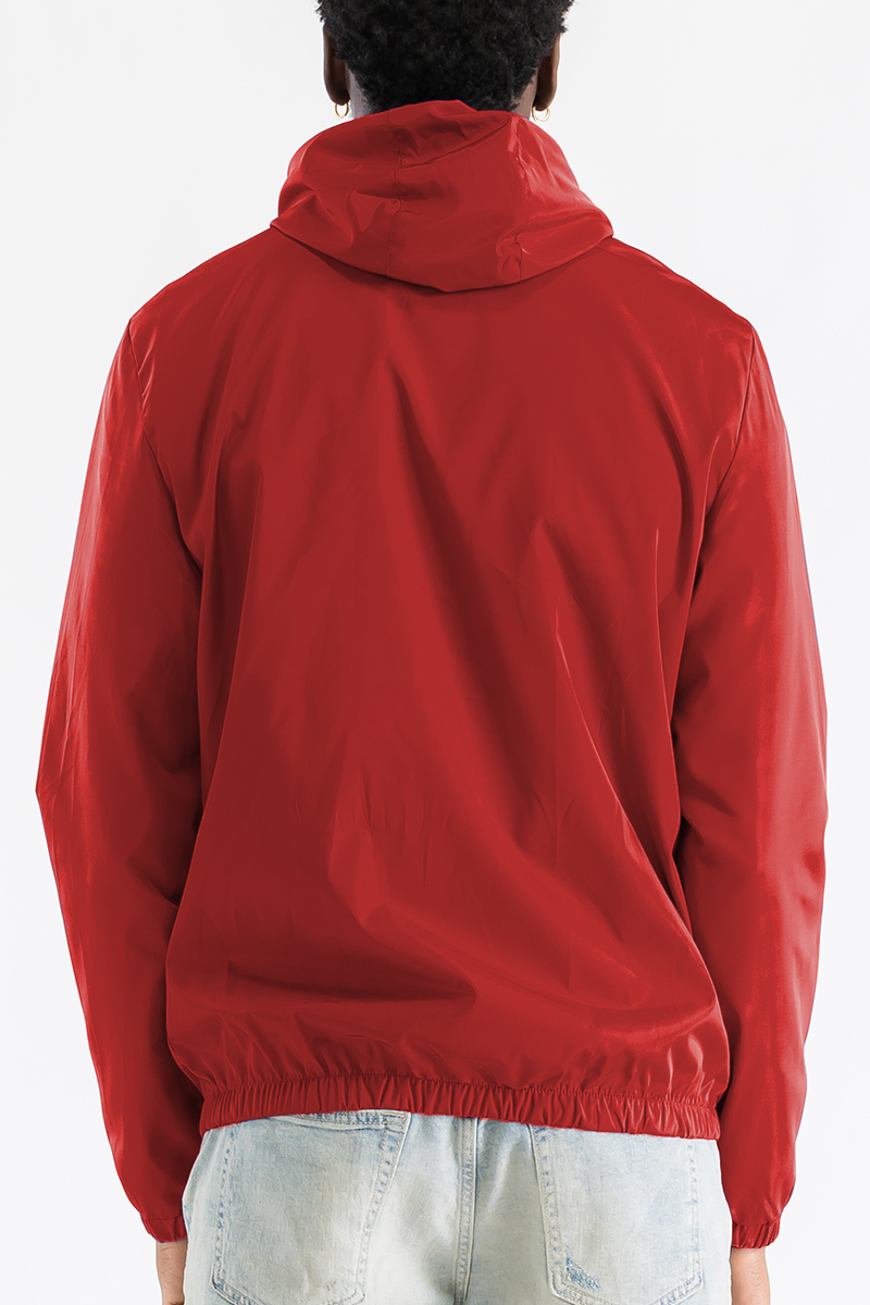 A stylish reflective zip windbreaker jacket in a vibrant color, featuring a full zip closure and hood, ideal for outdoor activities.