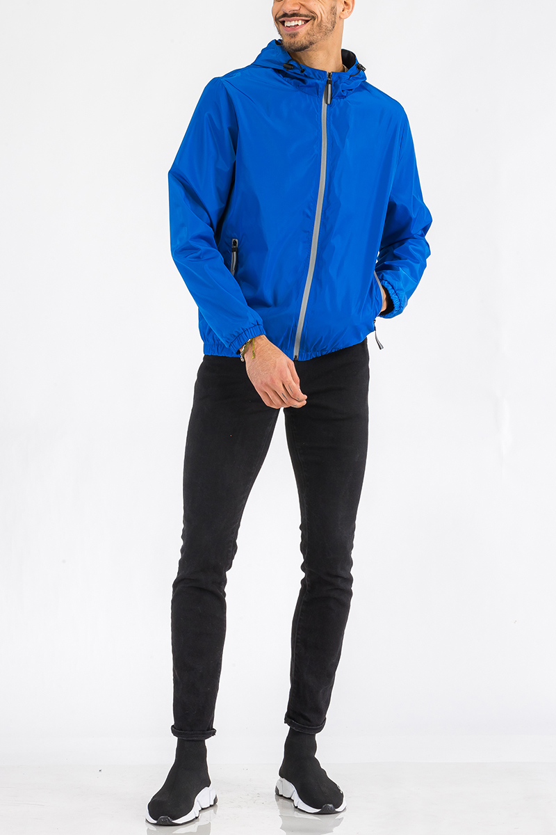 A stylish reflective zip windbreaker jacket in a vibrant color, featuring a full zip closure and hood, ideal for outdoor activities.