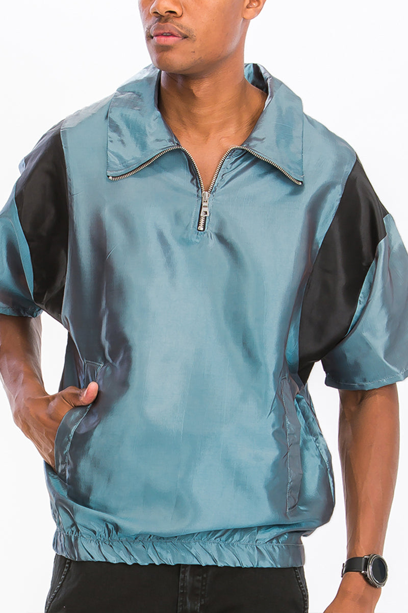 A stylish Retro Peacock Contrast Short Sleeve shirt featuring iridescent fabric, elastic waist, and quarter zipper closure, perfect for casual or dressy occasions.