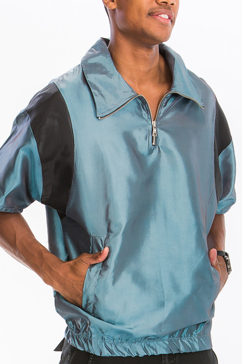 A stylish Retro Peacock Contrast Short Sleeve shirt featuring iridescent fabric, elastic waist, and quarter zipper closure, perfect for casual or dressy occasions.