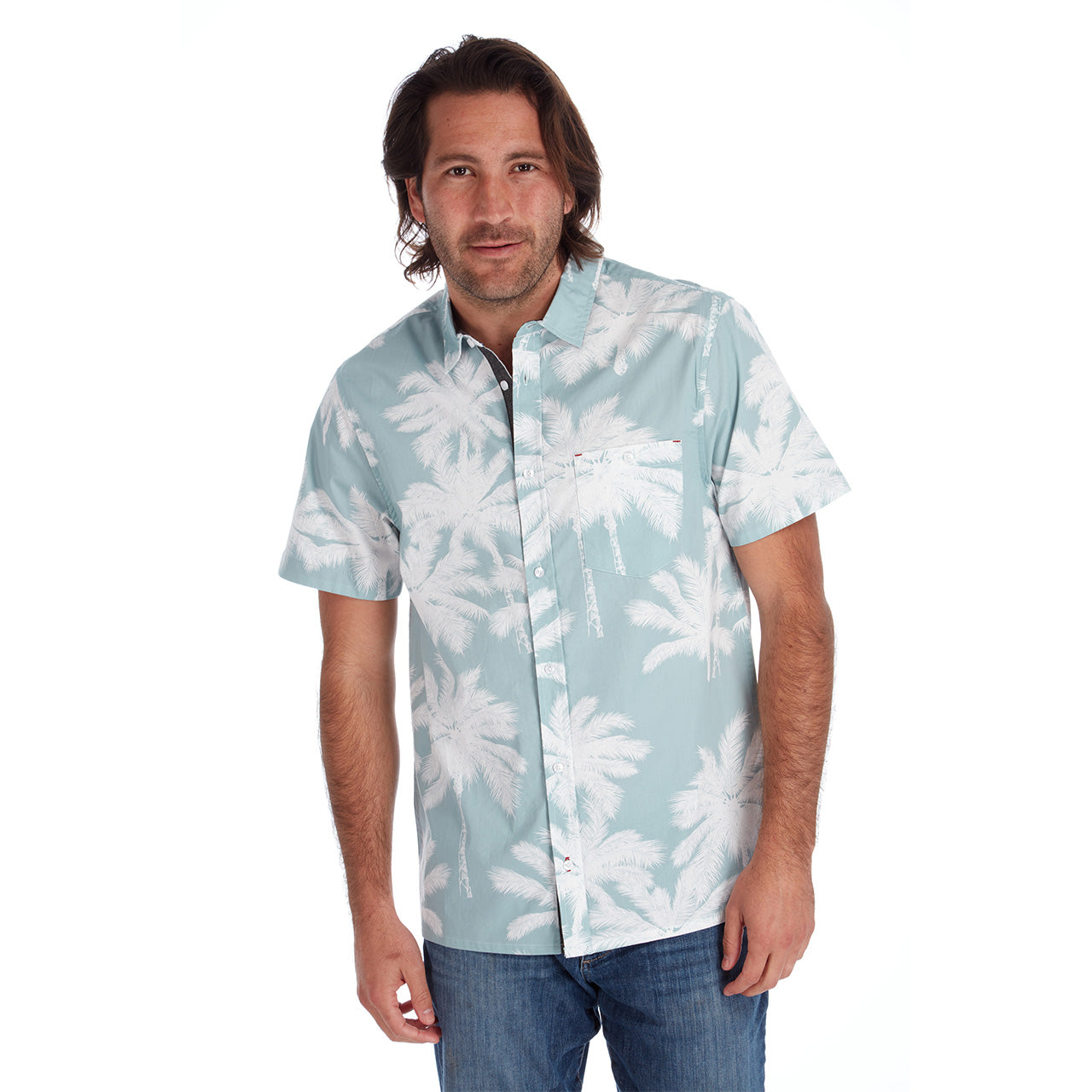 Rex Peached Poplin Shirt in Seafoam color, showcasing its stylish all-over print and short sleeves, made from soft 100% cotton.