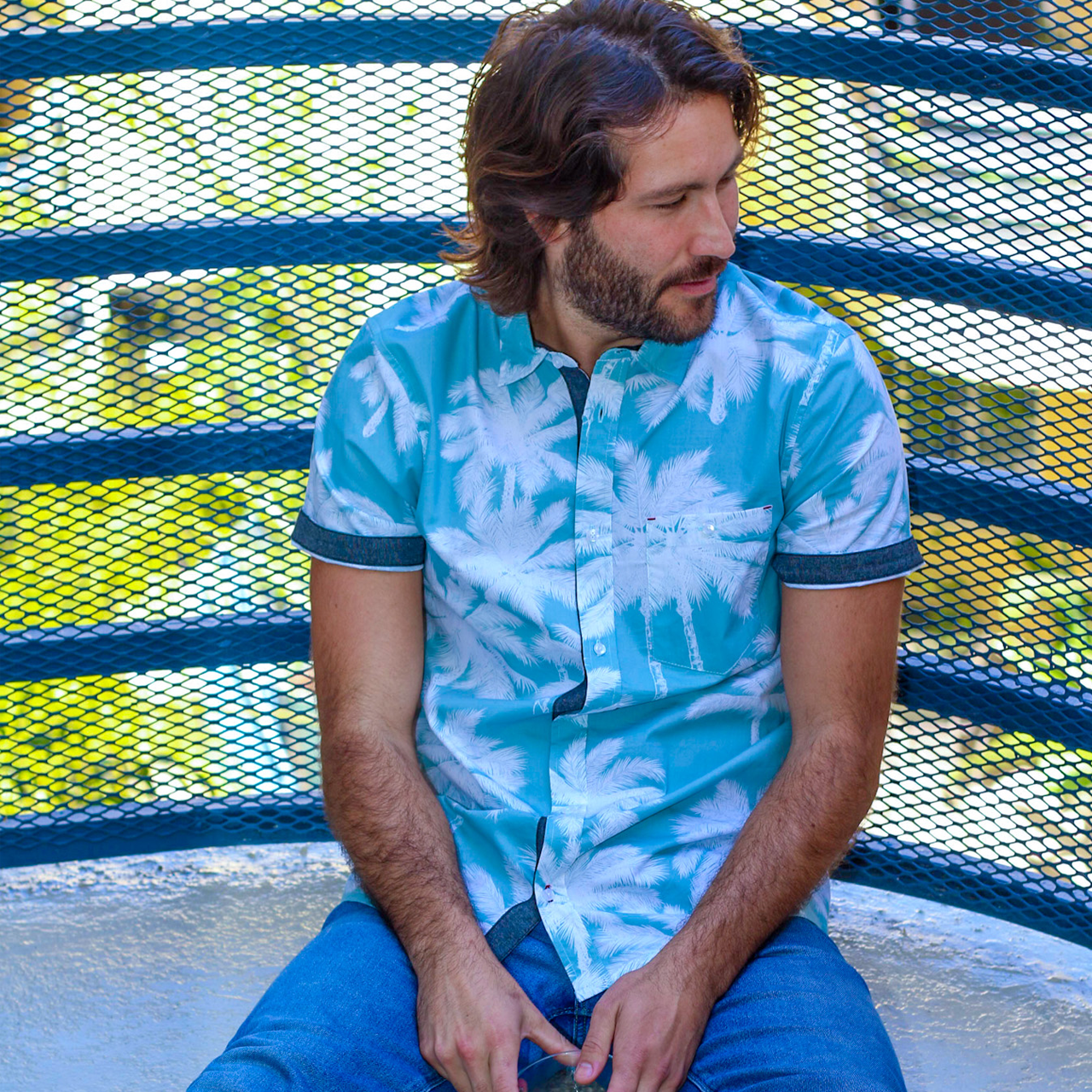 Rex Peached Poplin Shirt in Seafoam color, showcasing its stylish all-over print and short sleeves, made from soft 100% cotton.