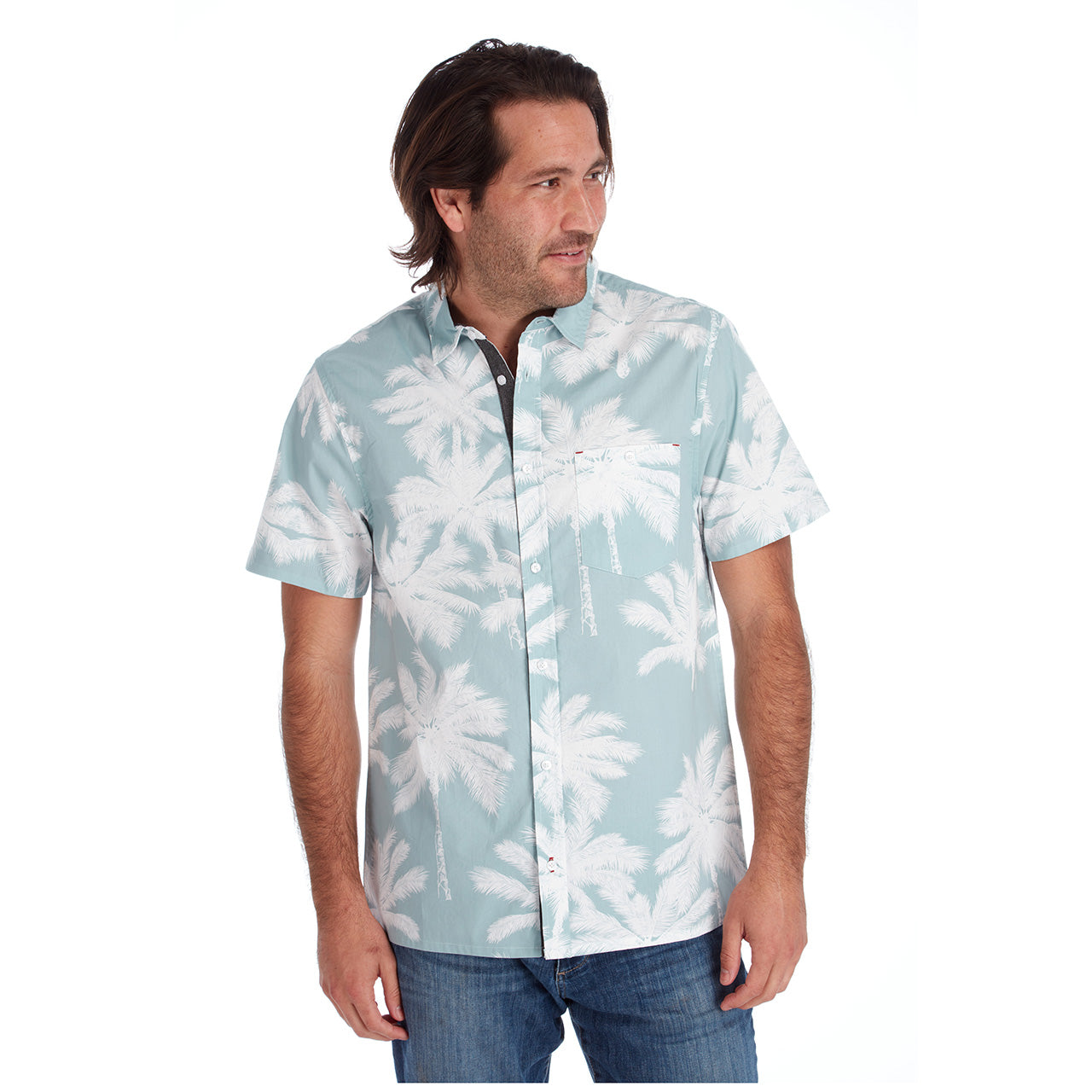 Rex Peached Poplin Shirt in Seafoam color, showcasing its stylish all-over print and short sleeves, made from soft 100% cotton.