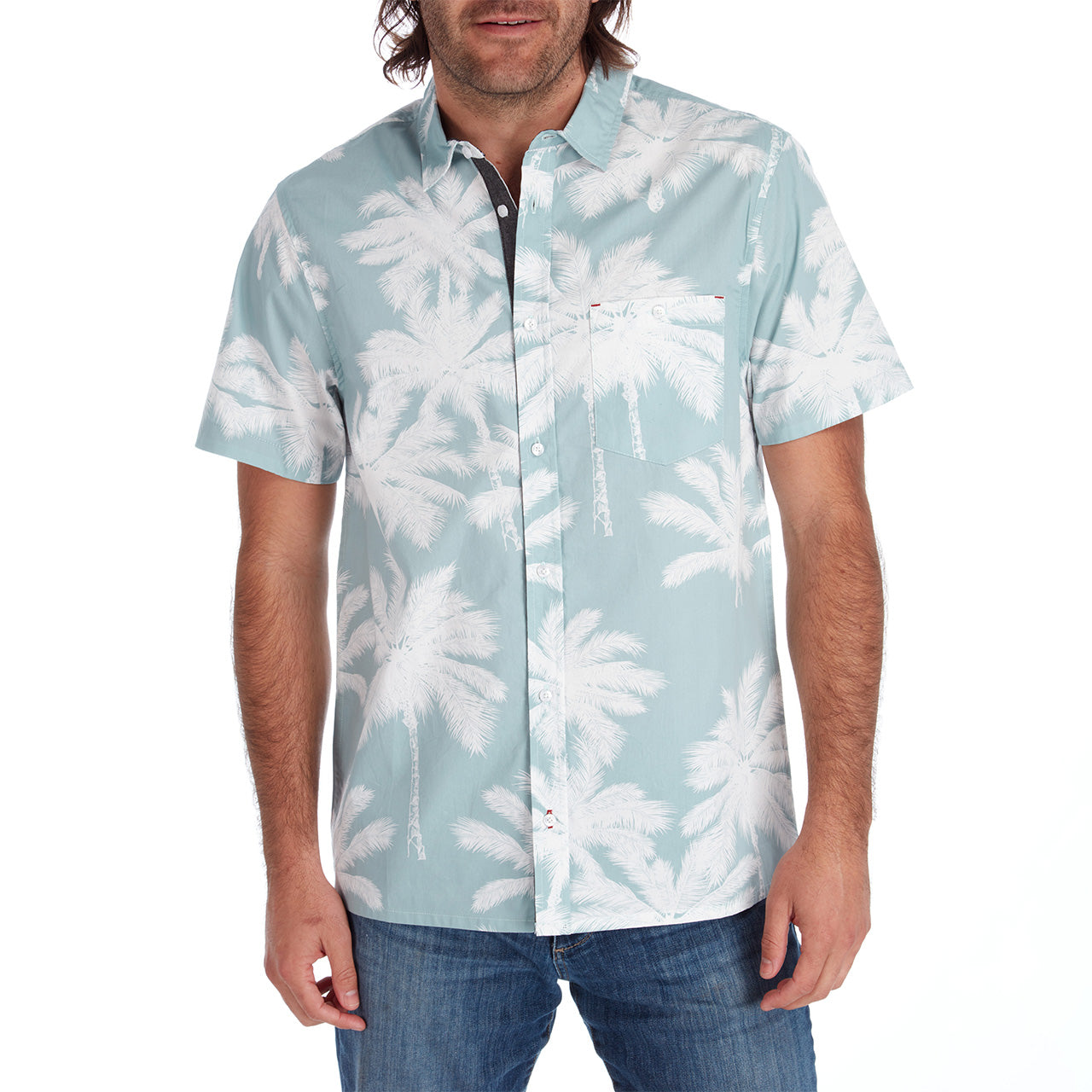 Rex Peached Poplin Shirt in Seafoam color, showcasing its stylish all-over print and short sleeves, made from soft 100% cotton.