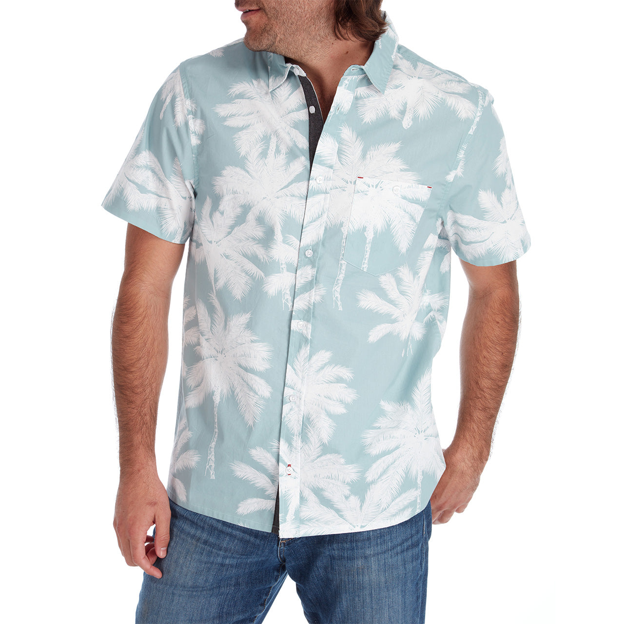 Rex Peached Poplin Shirt in Seafoam color, showcasing its stylish all-over print and short sleeves, made from soft 100% cotton.