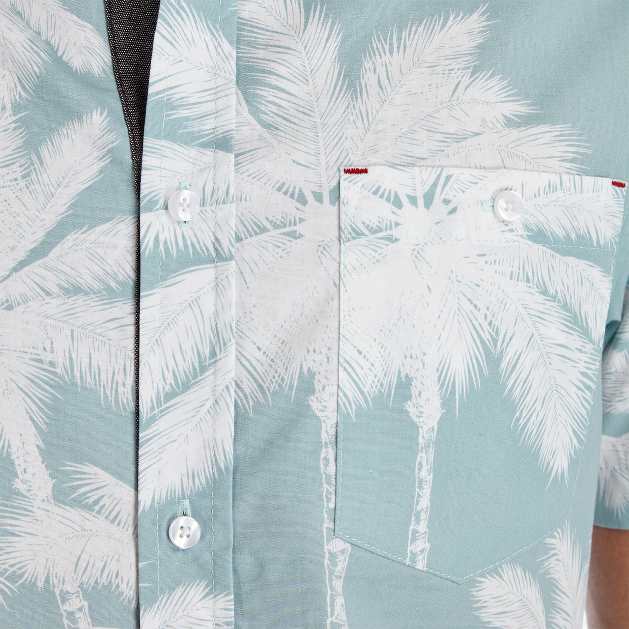 Rex Peached Poplin Shirt in Seafoam color, showcasing its stylish all-over print and short sleeves, made from soft 100% cotton.