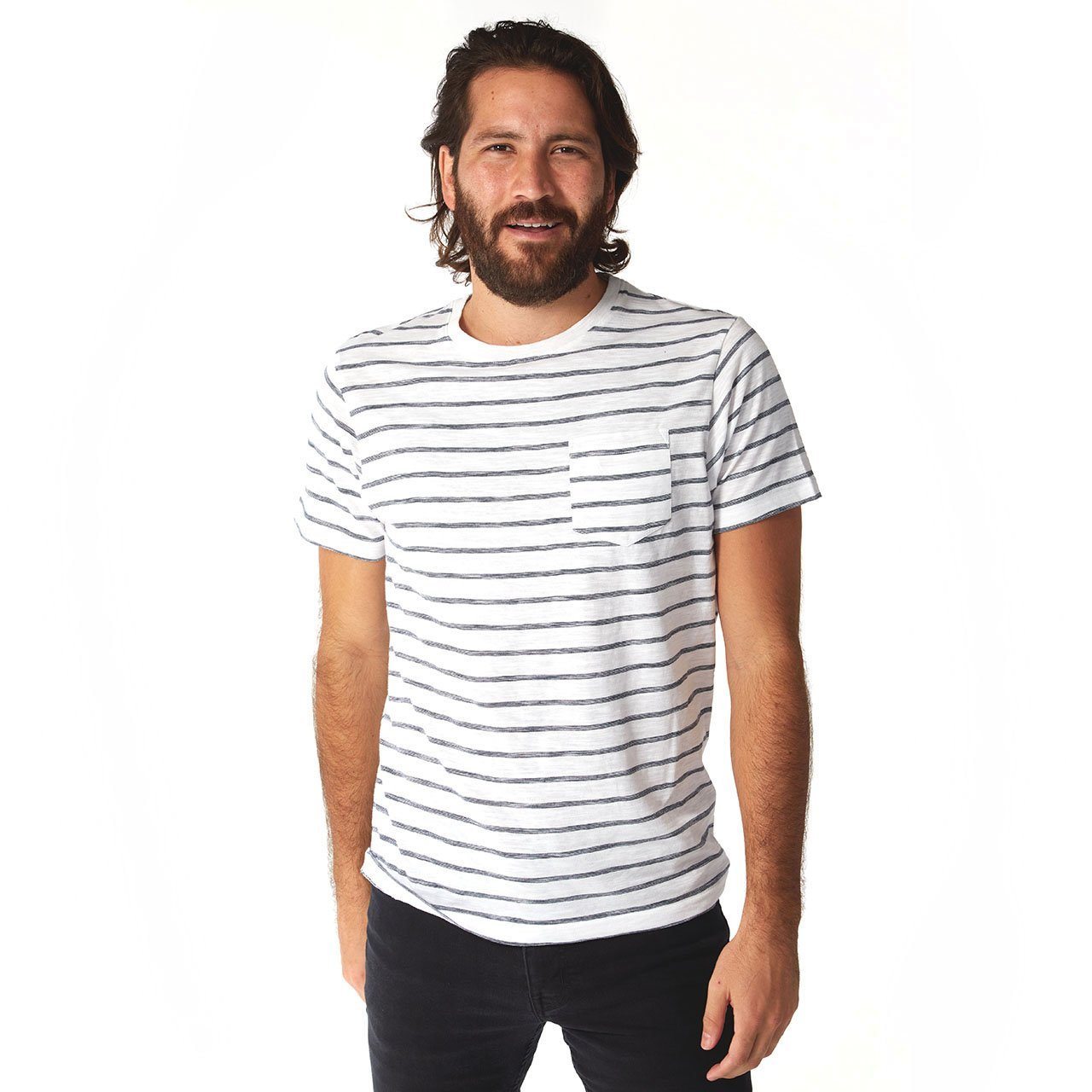 Rick Striped Tee featuring thin stripes, short sleeves, and a crew neck design, made from 100% cotton in an eco-friendly factory.