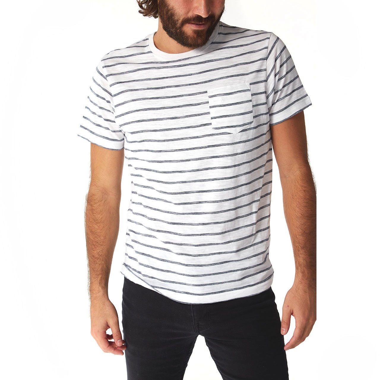 Rick Striped Tee featuring thin stripes, short sleeves, and a crew neck design, made from 100% cotton in an eco-friendly factory.