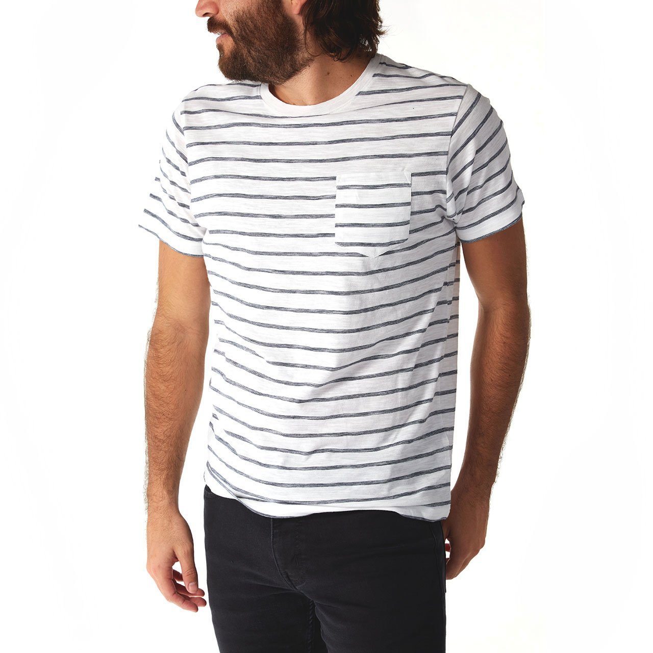 Rick Striped Tee featuring thin stripes, short sleeves, and a crew neck design, made from 100% cotton in an eco-friendly factory.