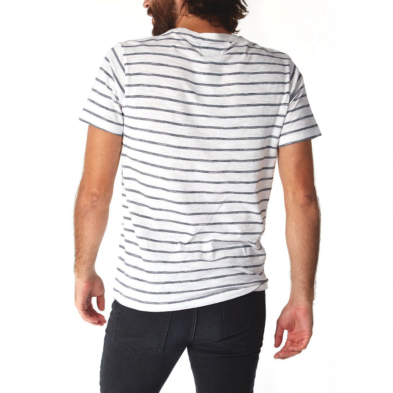 Rick Striped Tee featuring thin stripes, short sleeves, and a crew neck design, made from 100% cotton in an eco-friendly factory.