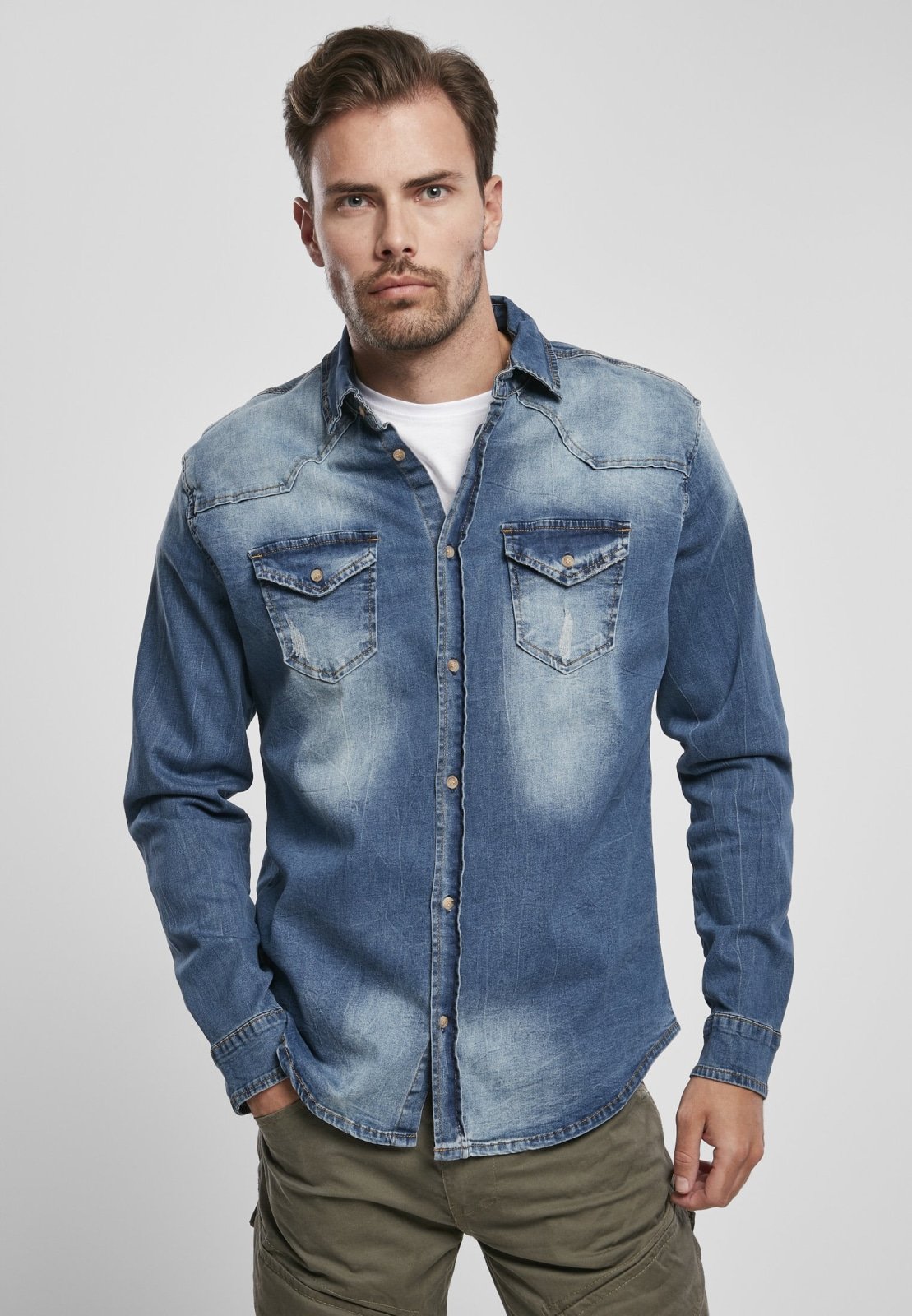 Riley Denim Shirt in grey, black, and blue, showcasing its stylish design and quality craftsmanship.