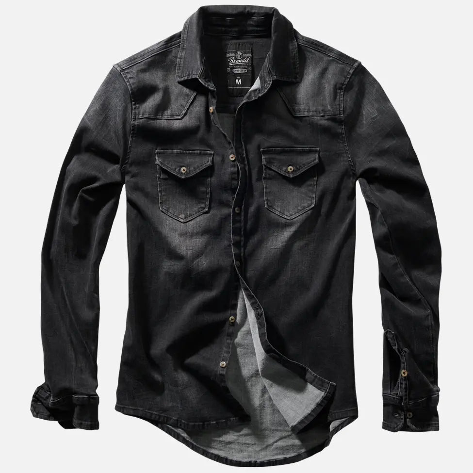 Riley Denim Shirt in grey, black, and blue, showcasing its stylish design and quality craftsmanship.