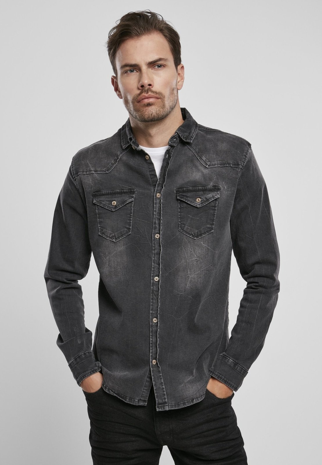 Riley Denim Shirt in grey, black, and blue, showcasing its stylish design and quality craftsmanship.