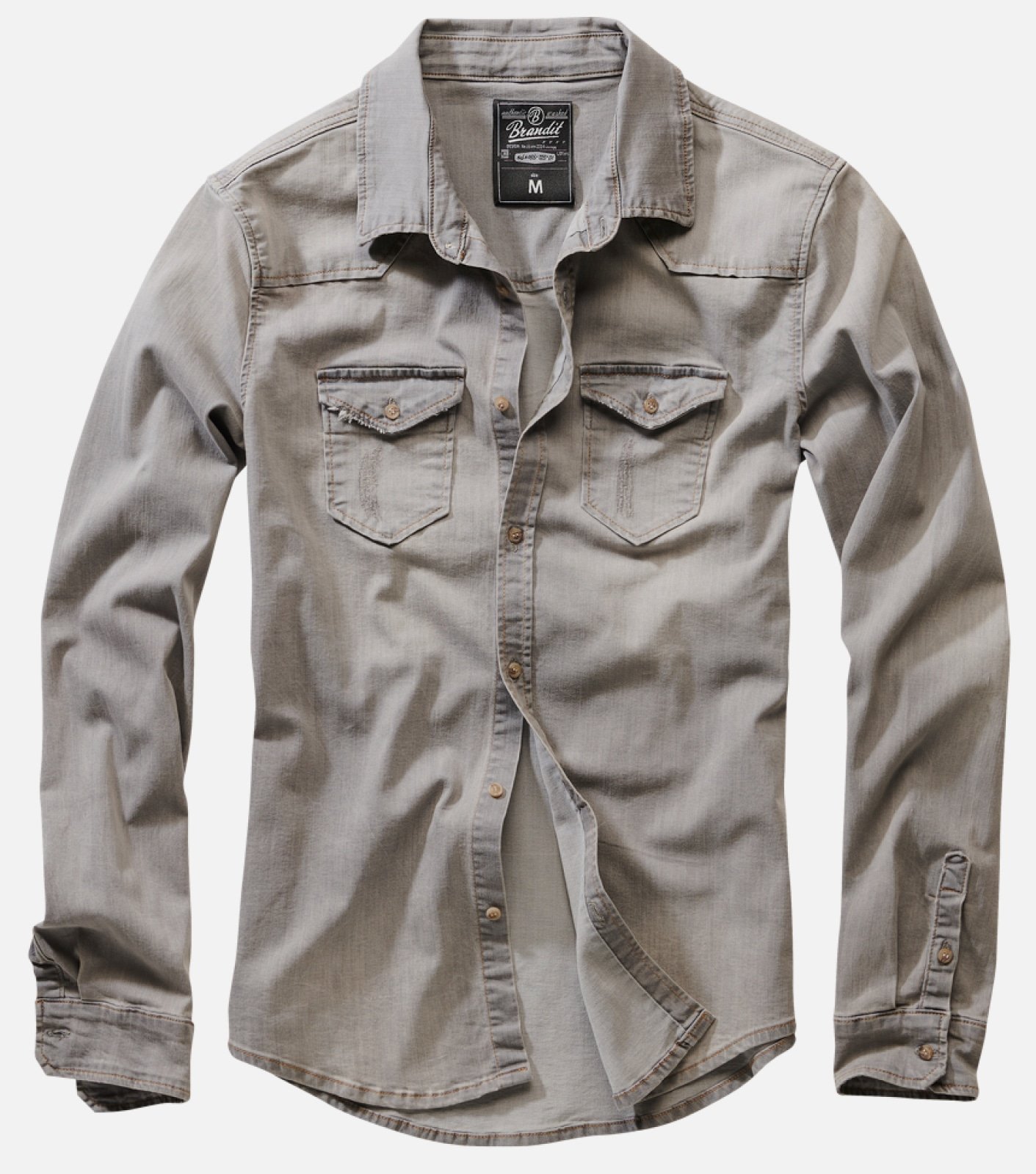 Riley Denim Shirt in grey, black, and blue, showcasing its stylish design and quality craftsmanship.