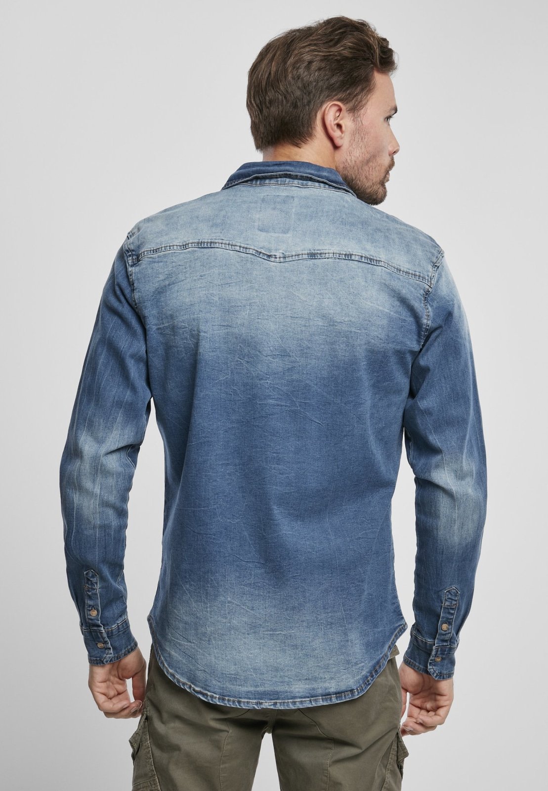 Riley Denim Shirt in grey, black, and blue, showcasing its stylish design and quality craftsmanship.