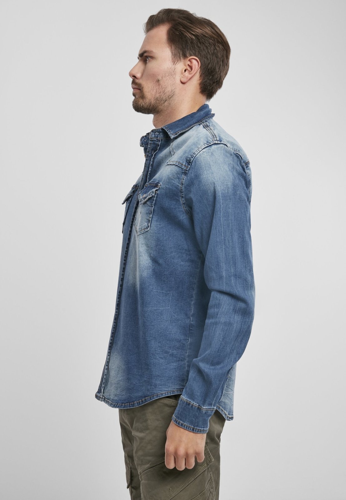 Riley Denim Shirt in grey, black, and blue, showcasing its stylish design and quality craftsmanship.