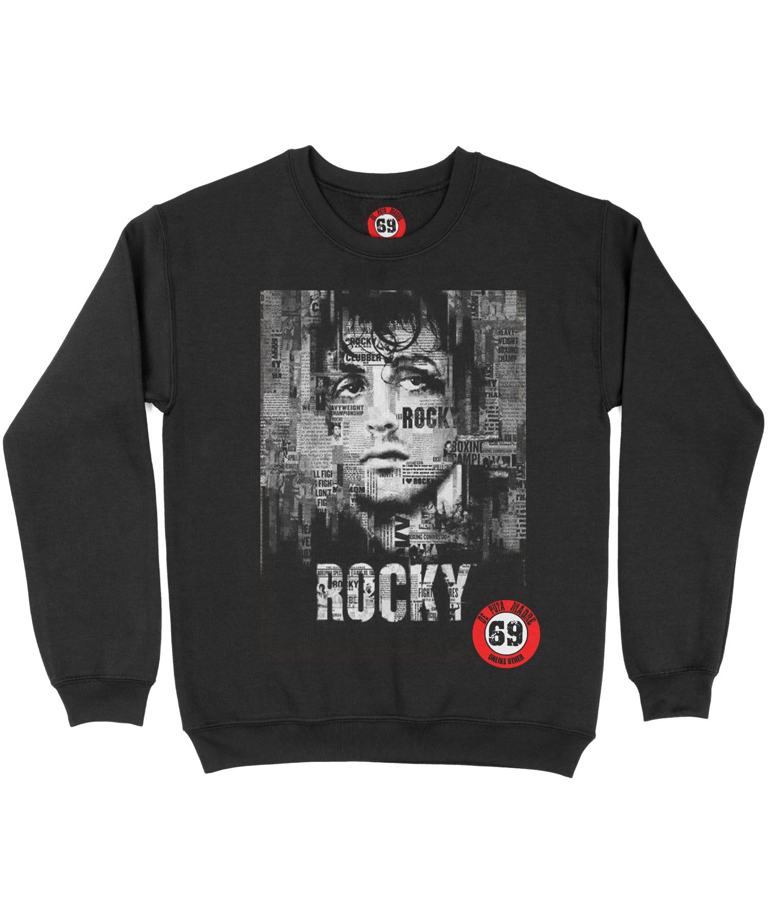 ROCKY I black sweatshirt featuring unique handmade prints and DPM69 logo, made from high-quality jersey cotton.