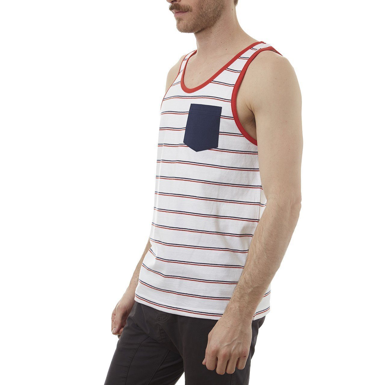 Ronald Tank featuring yarn dye stripes and a patch pocket, made from 100% cotton in an eco-friendly factory.