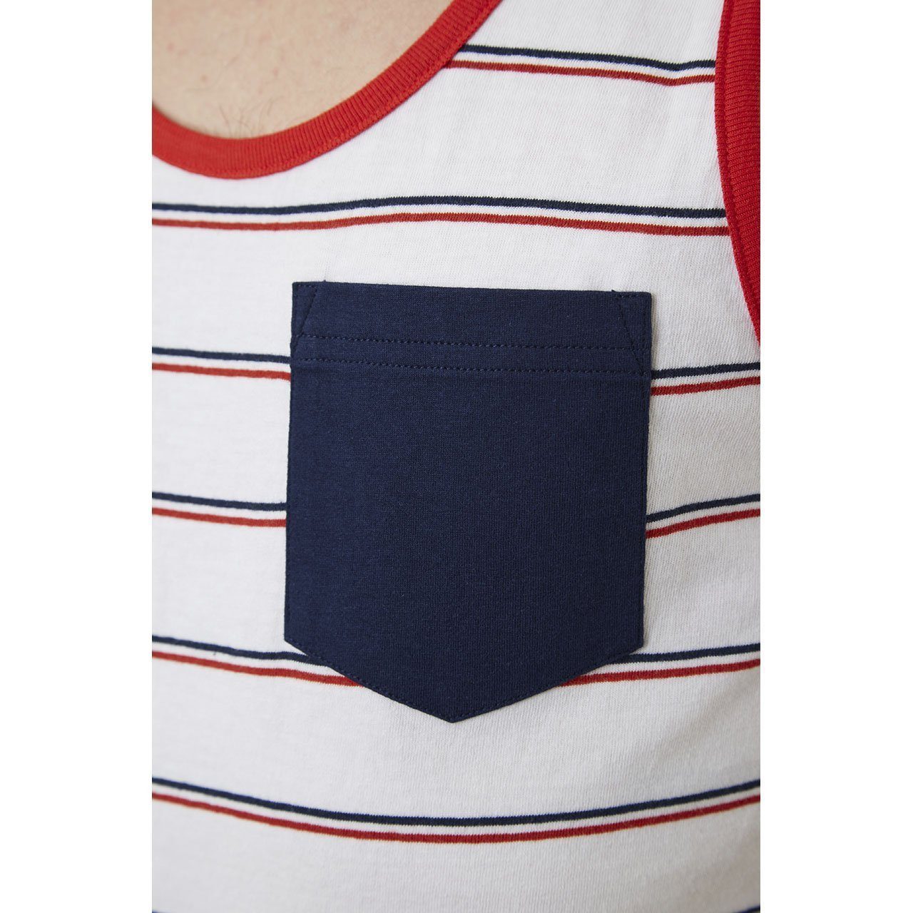 Ronald Tank featuring yarn dye stripes and a patch pocket, made from 100% cotton in an eco-friendly factory.