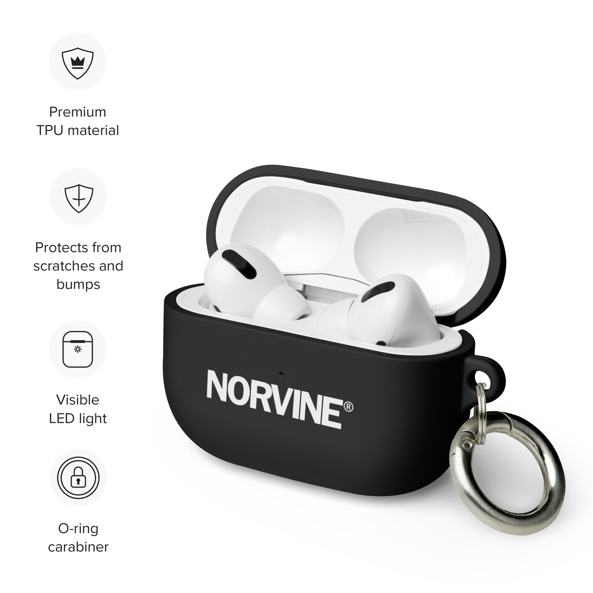 Stylish Rubber Case for AirPods® in various colors with a metal carabiner attached, showcasing its protective features.