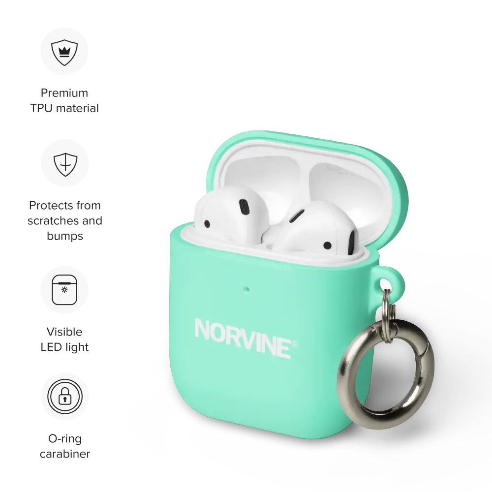 Stylish Rubber Case for AirPods® in various colors with a metal carabiner attached, showcasing its protective features.