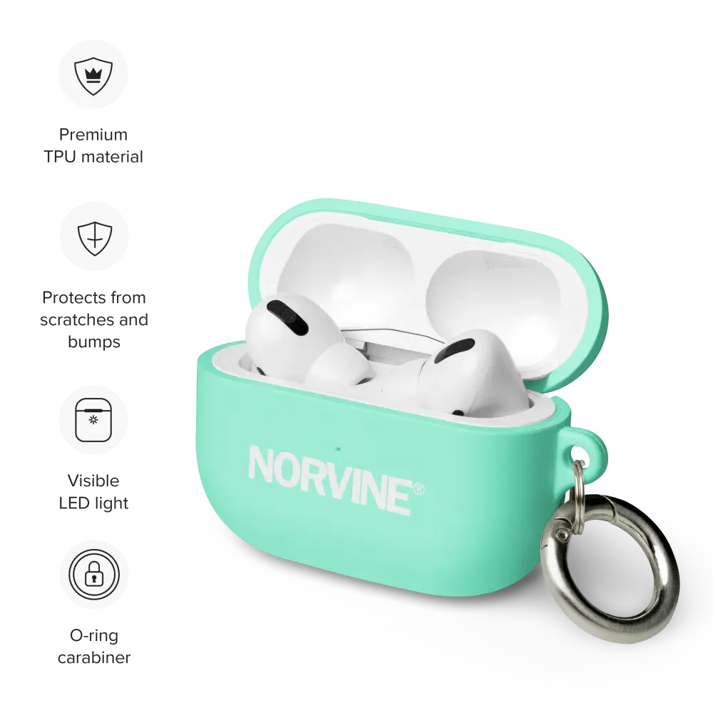 Stylish Rubber Case for AirPods® in various colors with a metal carabiner attached, showcasing its protective features.