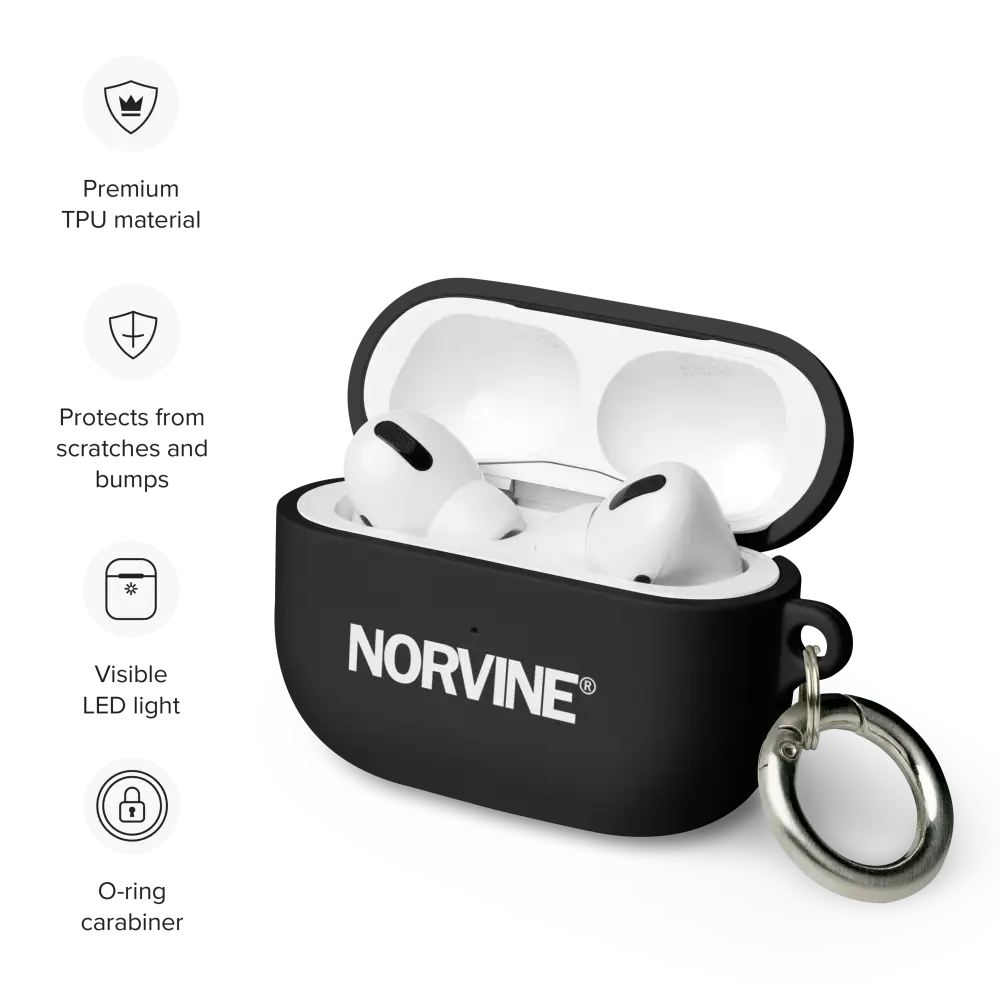 Stylish Rubber Case for AirPods® in various colors with a metal carabiner attached, showcasing its protective features.