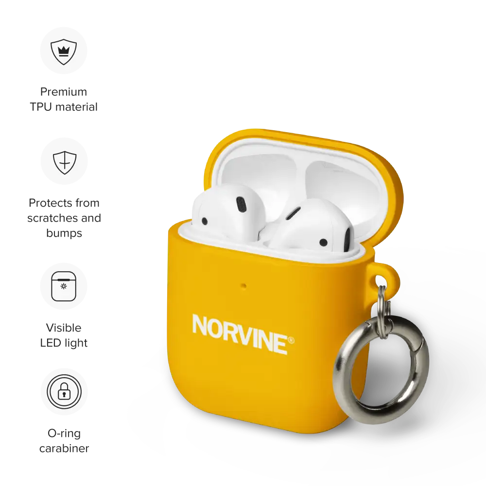 Stylish Rubber Case for AirPods® in various colors with a metal carabiner attached, showcasing its protective features.