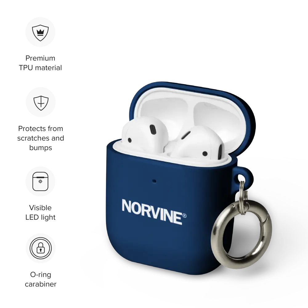 Stylish Rubber Case for AirPods® in various colors with a metal carabiner attached, showcasing its protective features.