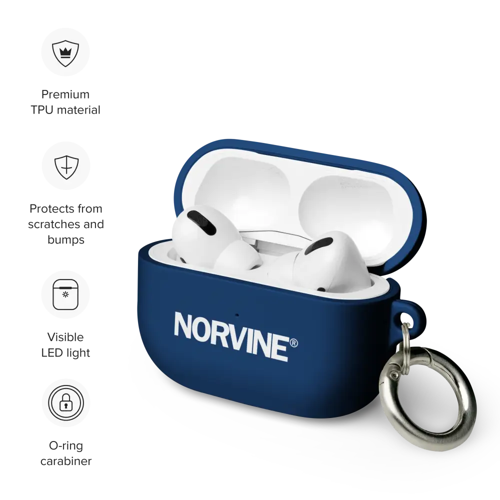 Stylish Rubber Case for AirPods® in various colors with a metal carabiner attached, showcasing its protective features.