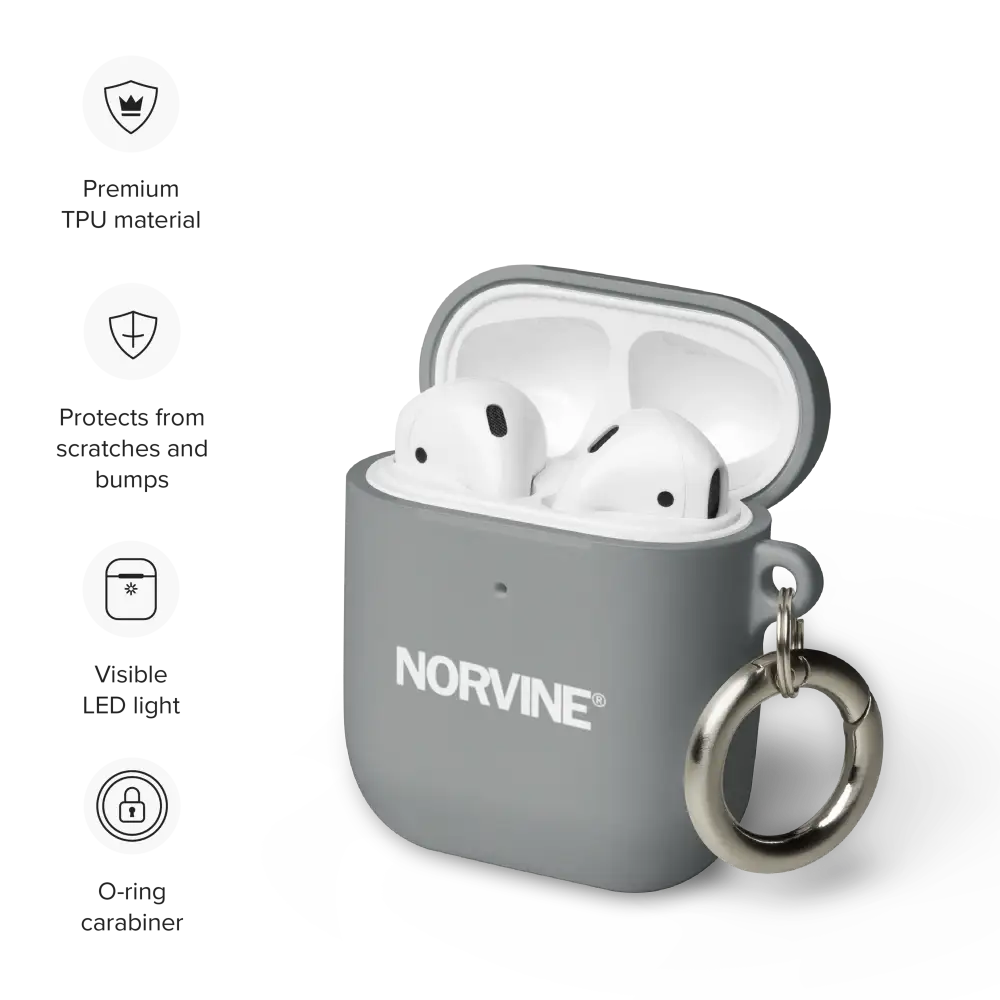 Stylish Rubber Case for AirPods® in various colors with a metal carabiner attached, showcasing its protective features.