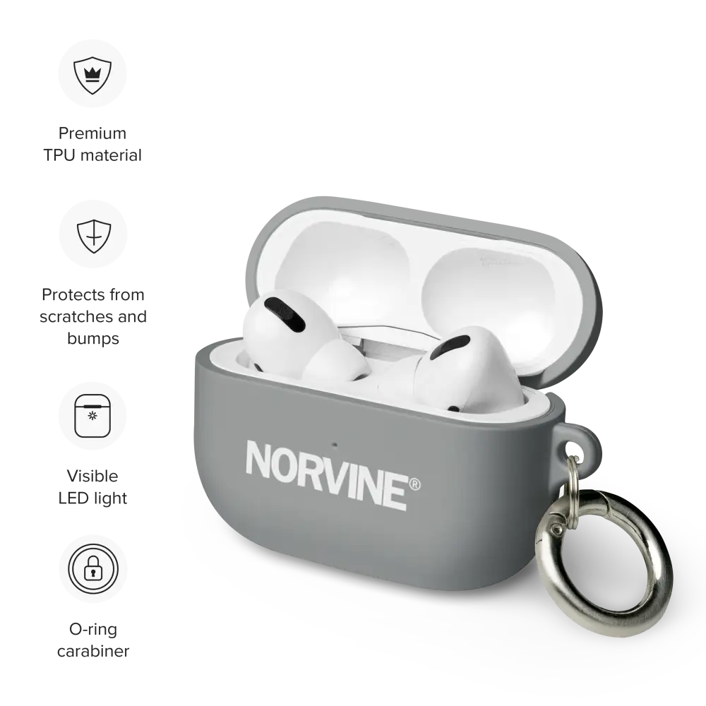 Stylish Rubber Case for AirPods® in various colors with a metal carabiner attached, showcasing its protective features.