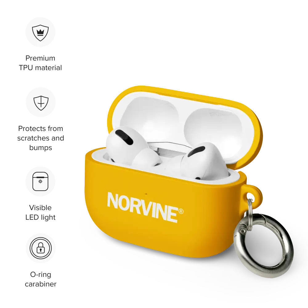 Stylish Rubber Case for AirPods® in various colors with a metal carabiner attached, showcasing its protective features.