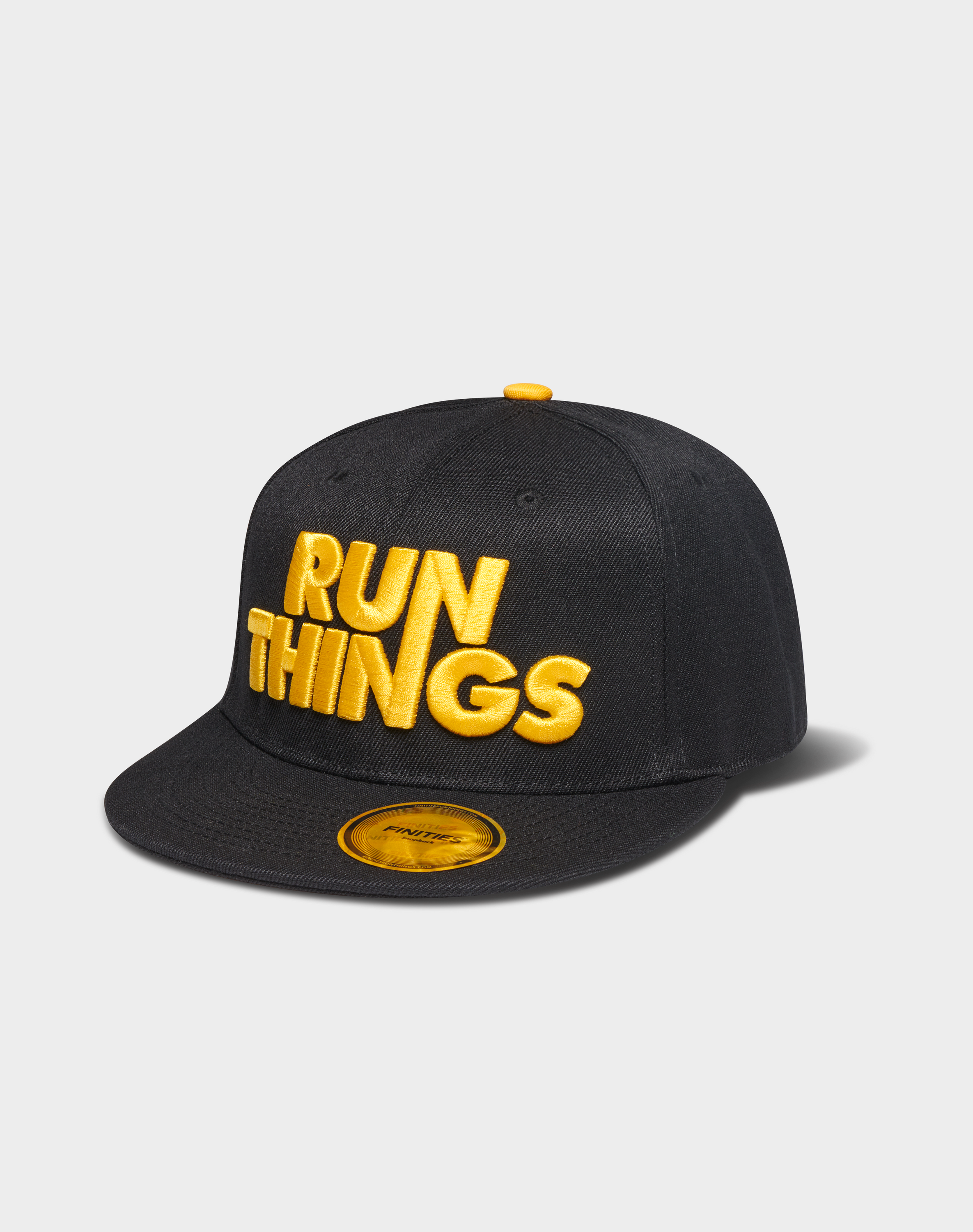 Run Things® Flat Brim Snapback Baseball Cap with black and gold design, featuring 3D embroidered logo and adjustable snapback closure.