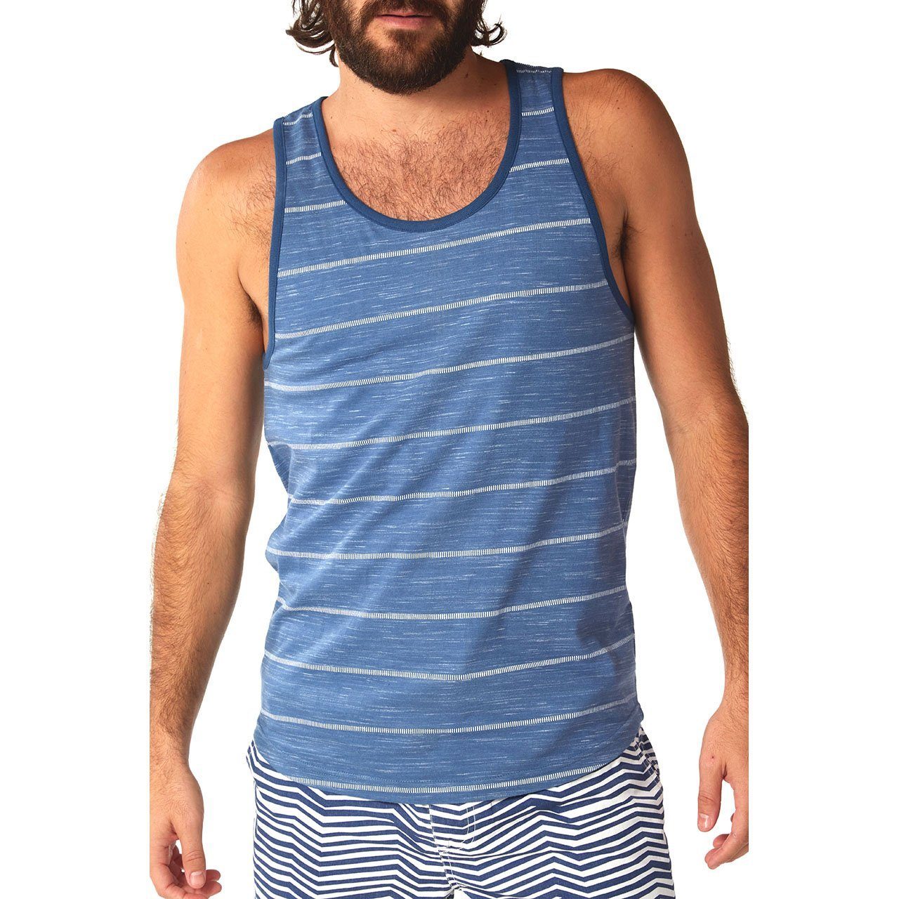 Ryder Tank top featuring an all-over print design, made from 90% cotton and 10% polyester, showcasing eco-friendly manufacturing.