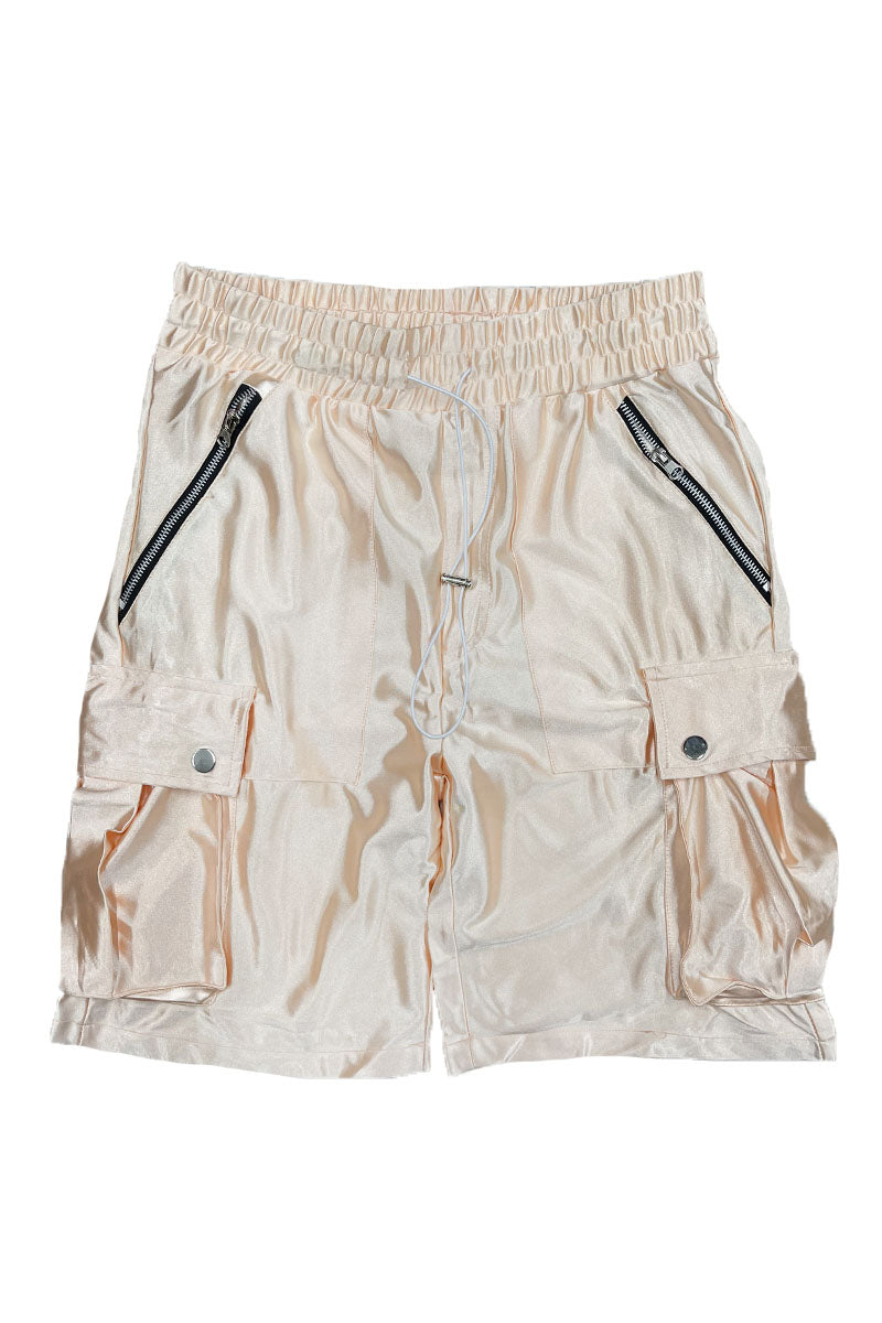 A pair of stylish satin cargo shorts featuring a colored drawstring, zippered pockets, and snap button cargo pockets, perfect for casual wear.