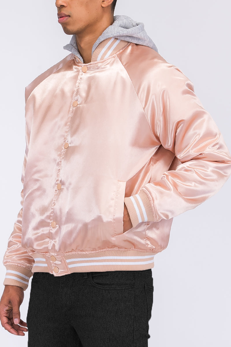 A stylish Satin Hooded Varsity Jacket featuring a hood, snap button closure, and striped elastic waist, perfect for casual wear.