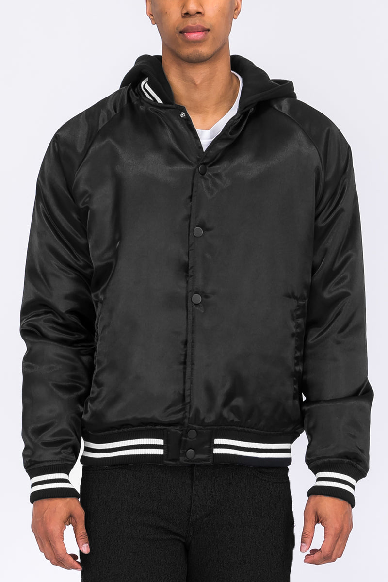 A stylish Satin Hooded Varsity Jacket featuring a hood, snap button closure, and striped elastic waist, perfect for casual wear.