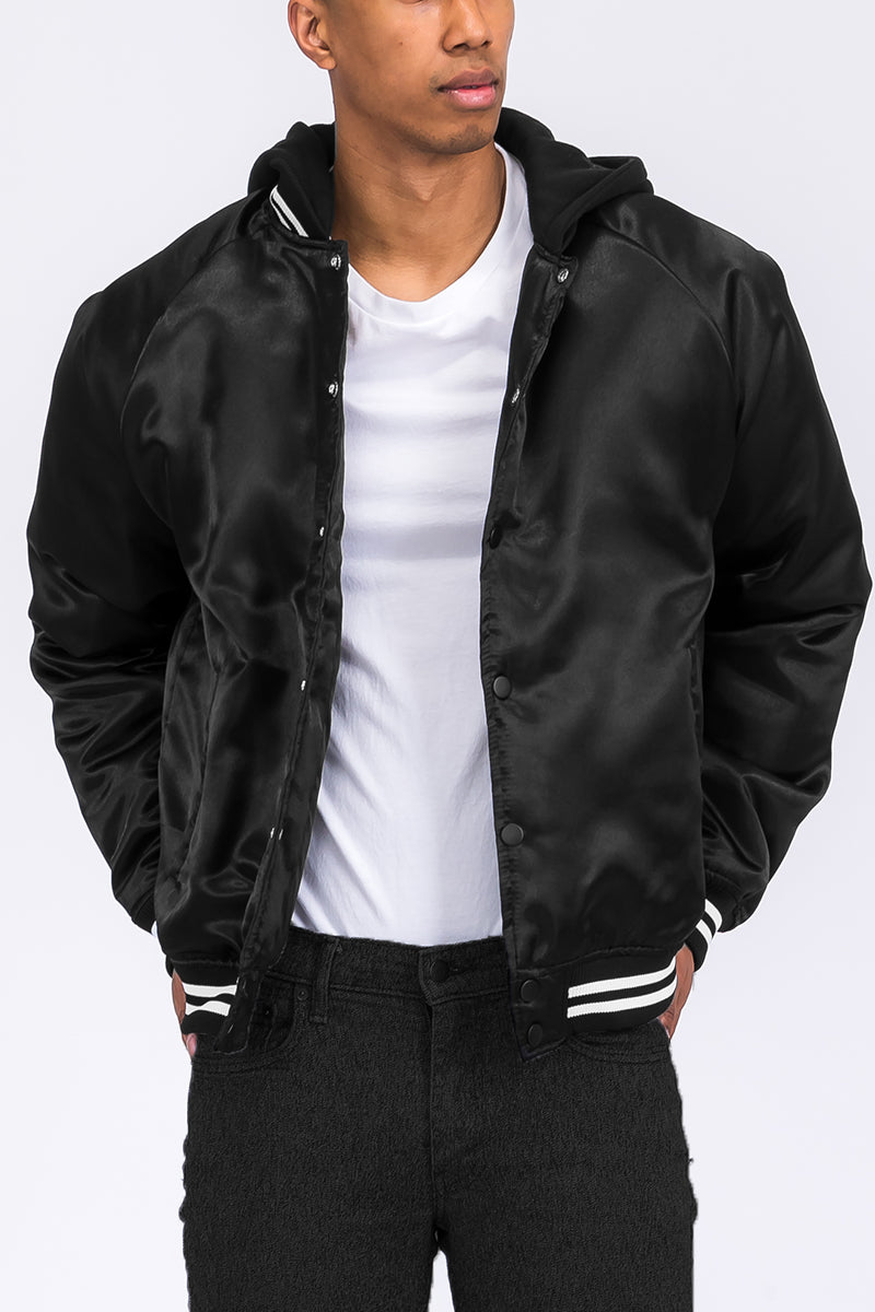 A stylish Satin Hooded Varsity Jacket featuring a hood, snap button closure, and striped elastic waist, perfect for casual wear.